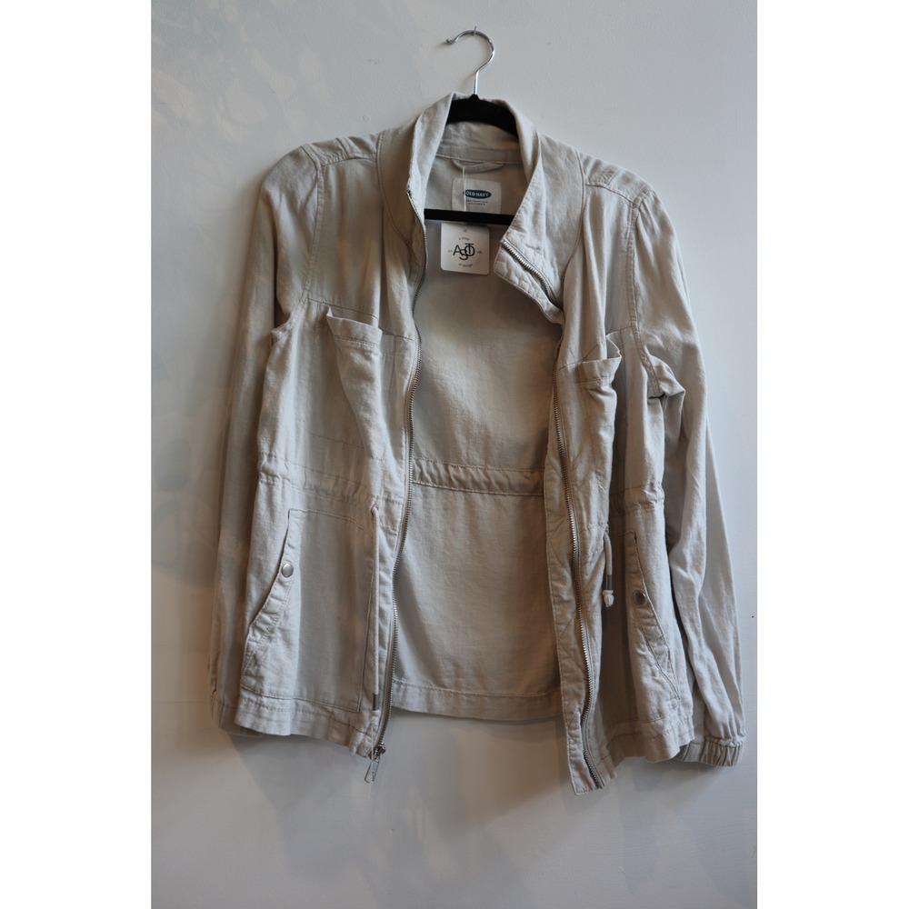 Old Navy Womens Linen Blend Utility Jacket Beige Oatmeal Full Zip Small NEW